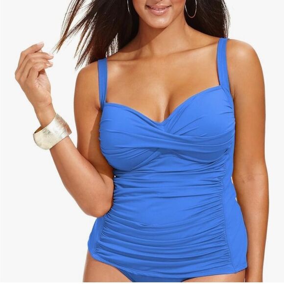 La Blanca Island Goddess Over The Shoulder Sweetheart Tankini Blue Plus Size 22W - Picture 2 of 10